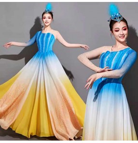 Blue with yellow modern dance dress for women girls modern choir chorus flamenco stage performance skirts performance outfits for female